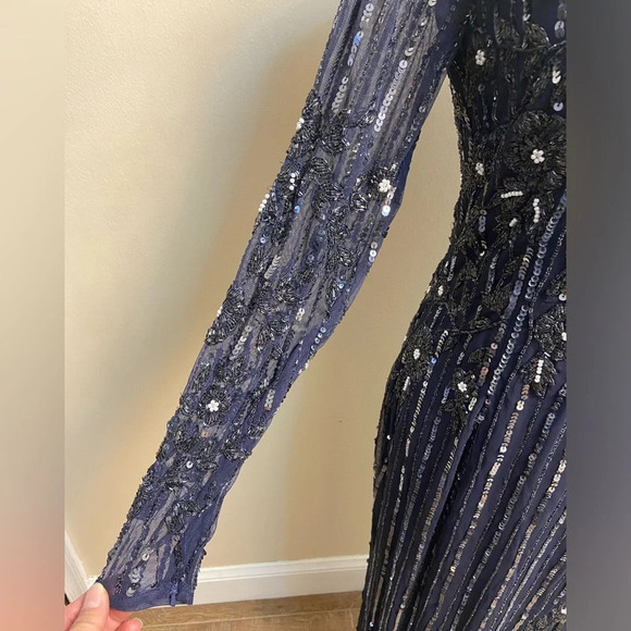 Mac Duggal sequin formal dress high neck illusion navy formal cocktail Sz 8 NWT - Picture 9 of 15